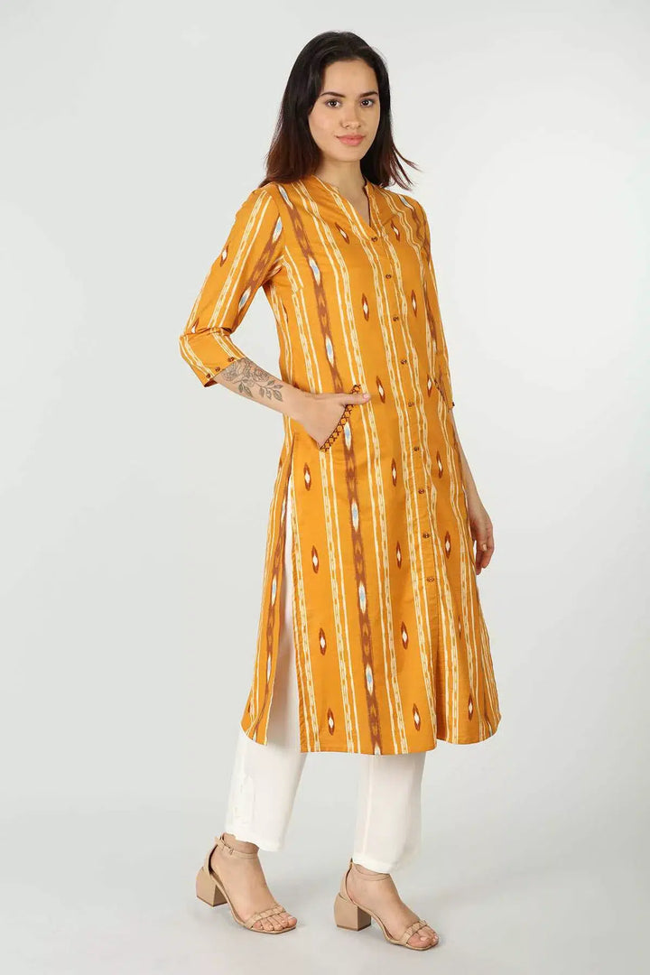 Rayon Yellow Slub Printed Kurti