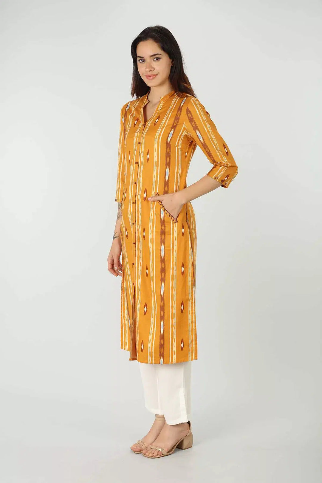 Rayon Yellow Slub Printed Kurti