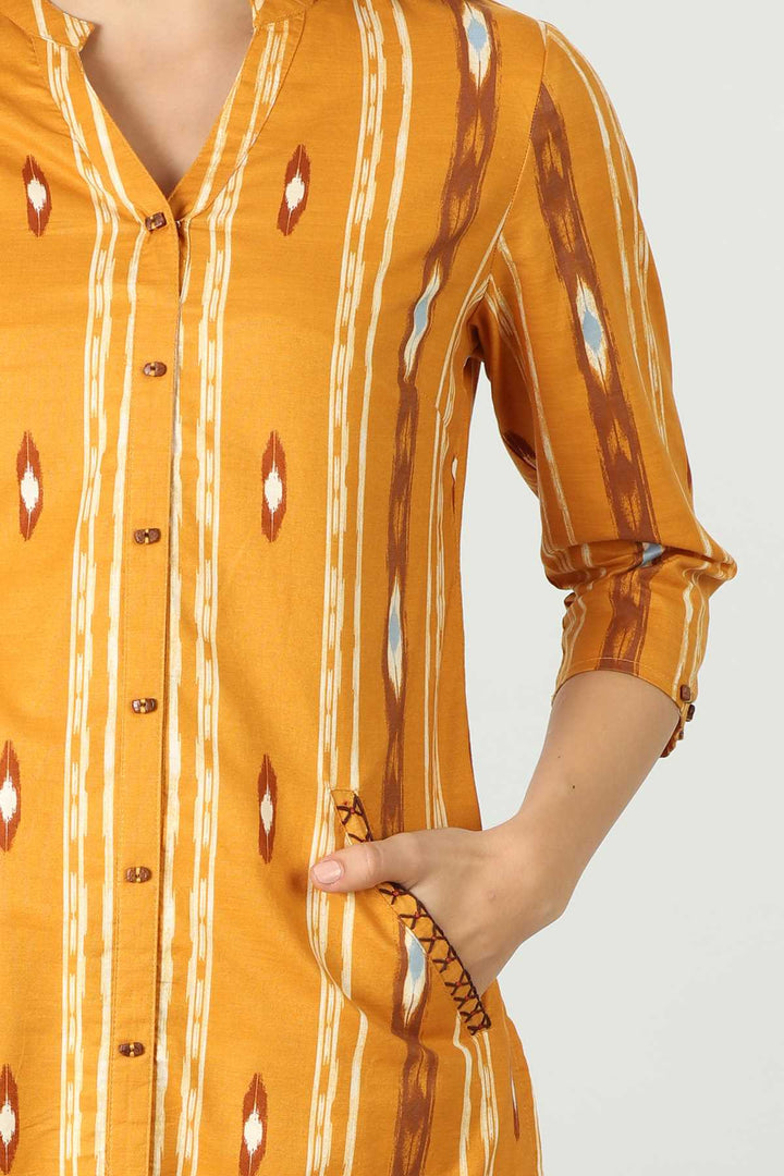 Rayon Yellow Slub Printed Kurti