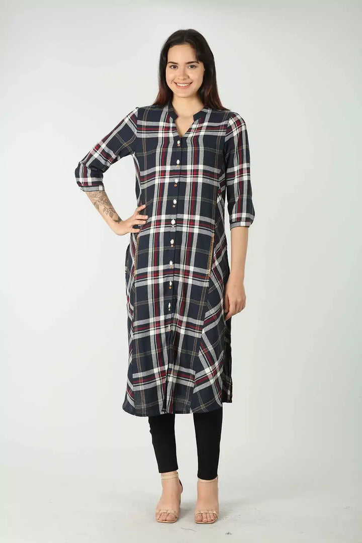 Twill Blue Checkered Kurti