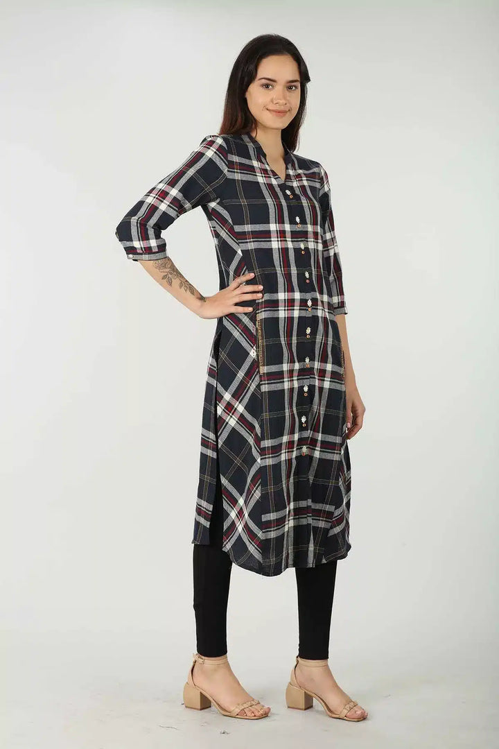 Twill Blue Checkered Kurti