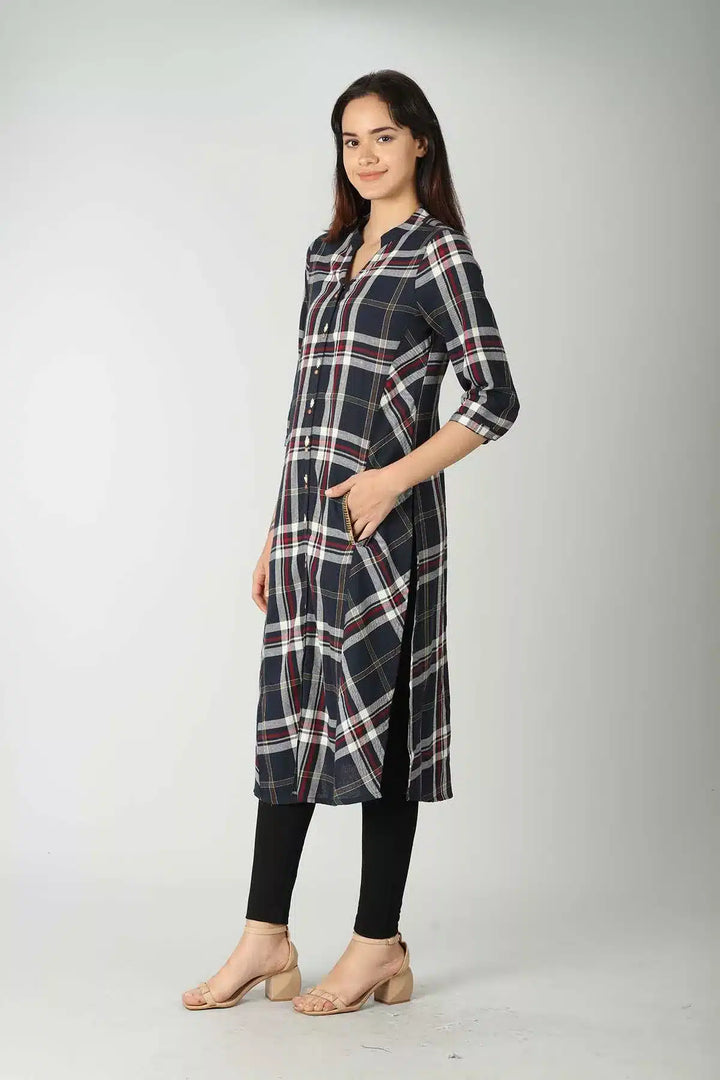 Twill Blue Checkered Kurti