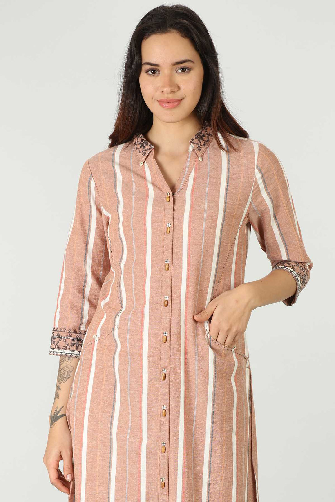 Beige Cotton Slub Handcrafted Kurti