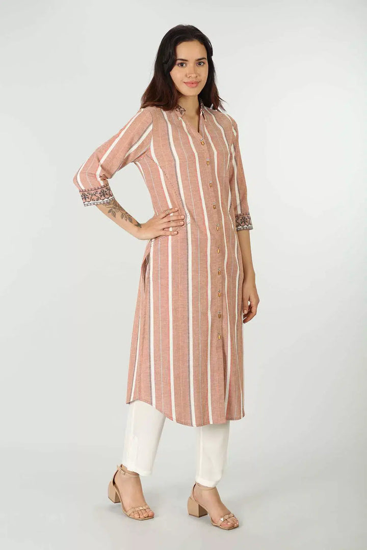 Beige Cotton Slub Handcrafted Kurti