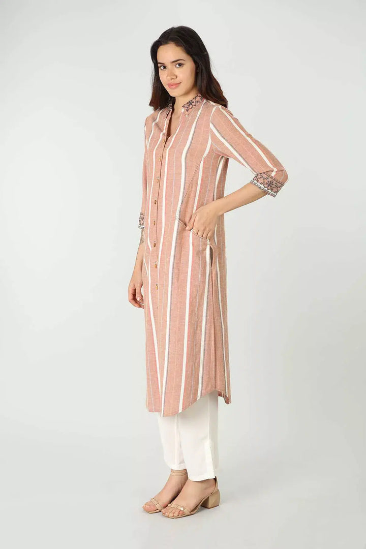 Beige Cotton Slub Handcrafted Kurti