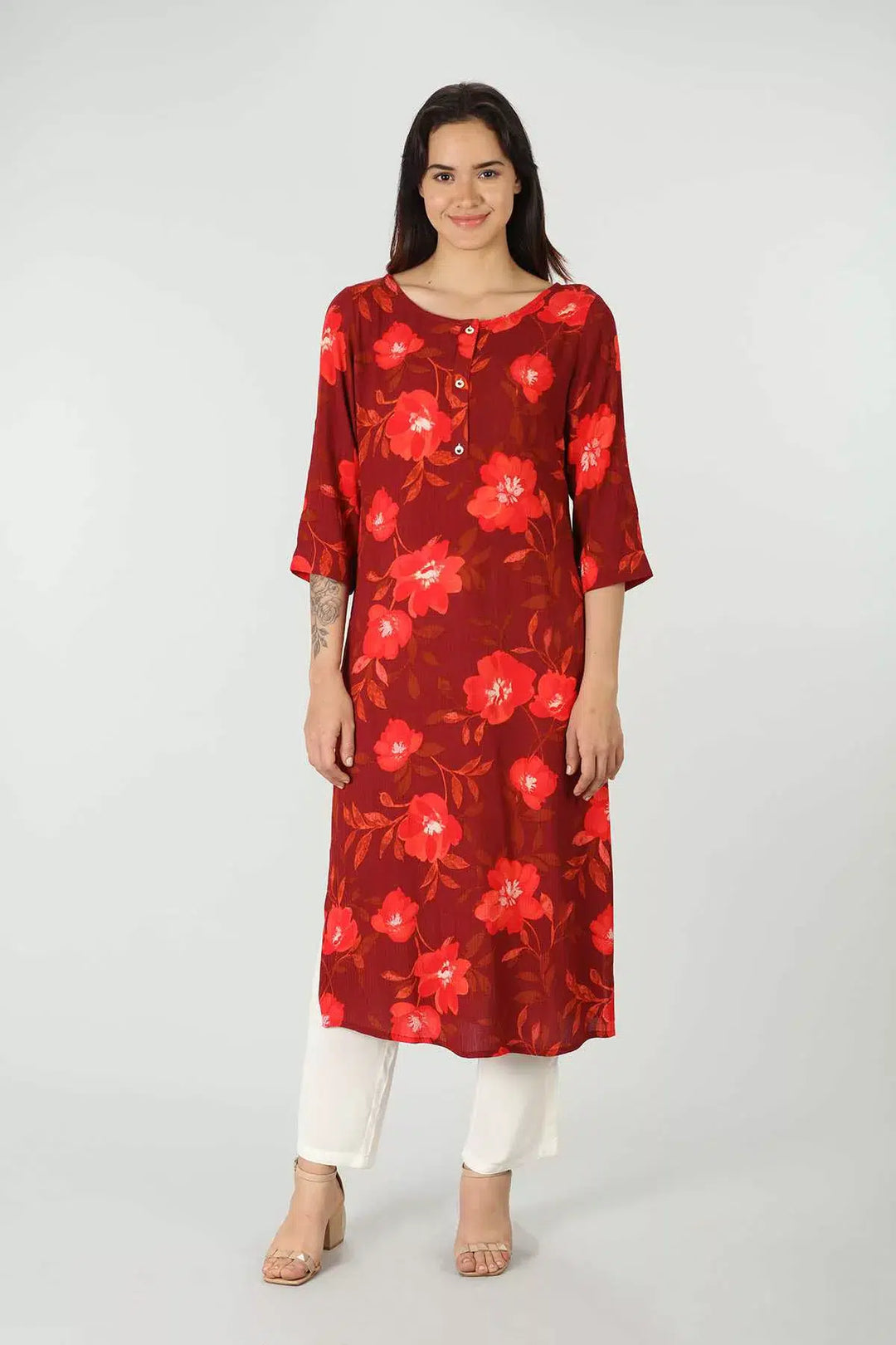 Rayon Crepe Printed Red Kurti