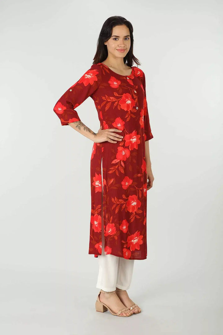 Rayon Crepe Printed Red Kurti