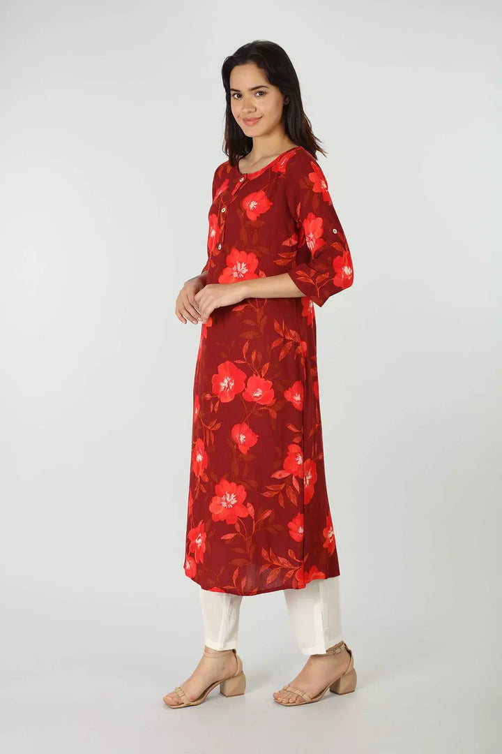 Rayon Crepe Printed Red Kurti