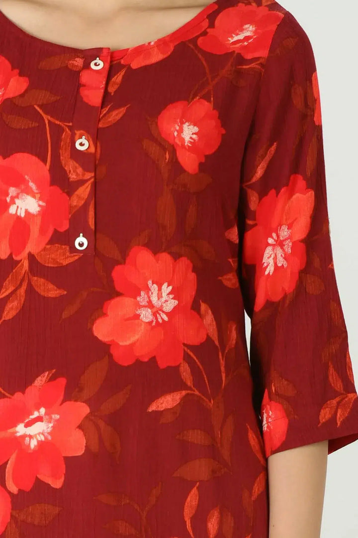 Rayon Crepe Printed Red Kurti