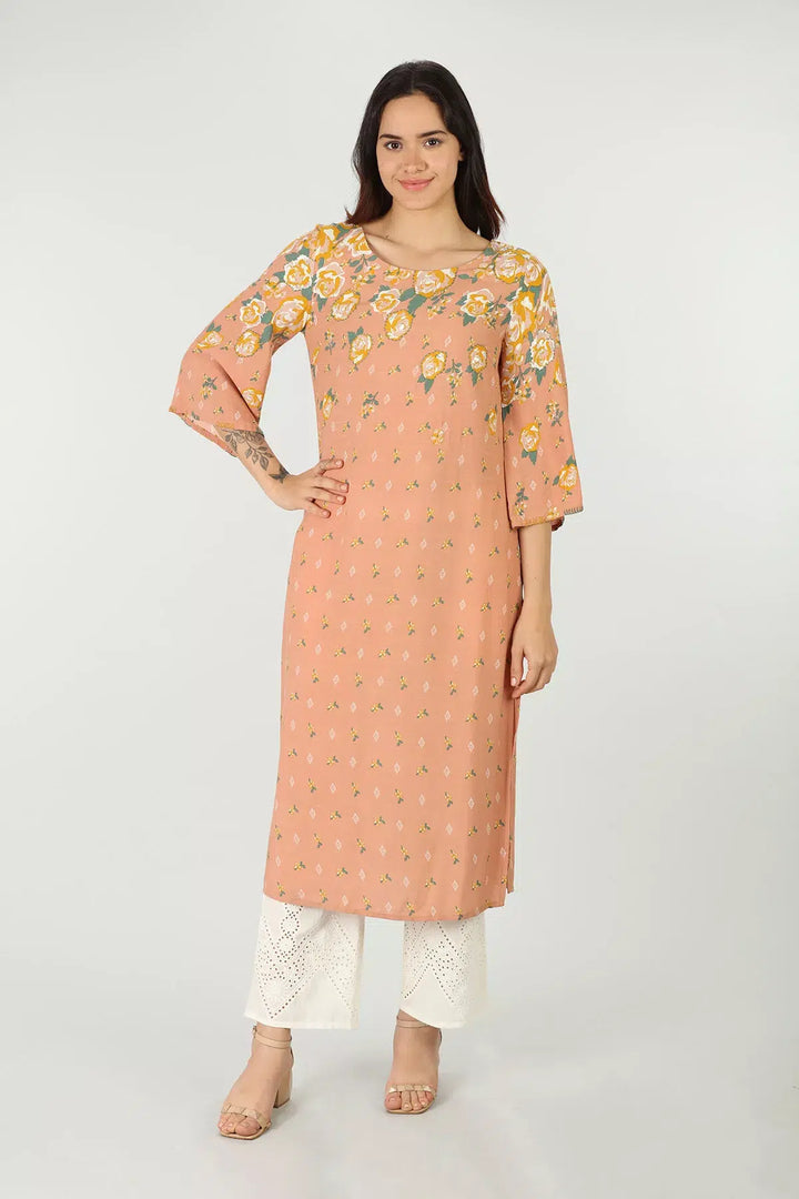 Peach rayon slub round neck kurti