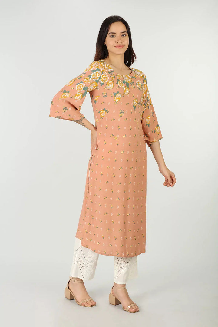 Peach rayon slub round neck kurti
