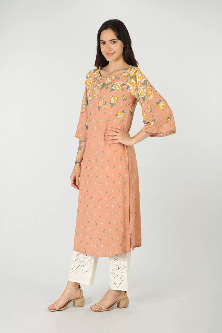 Peach rayon slub round neck kurti