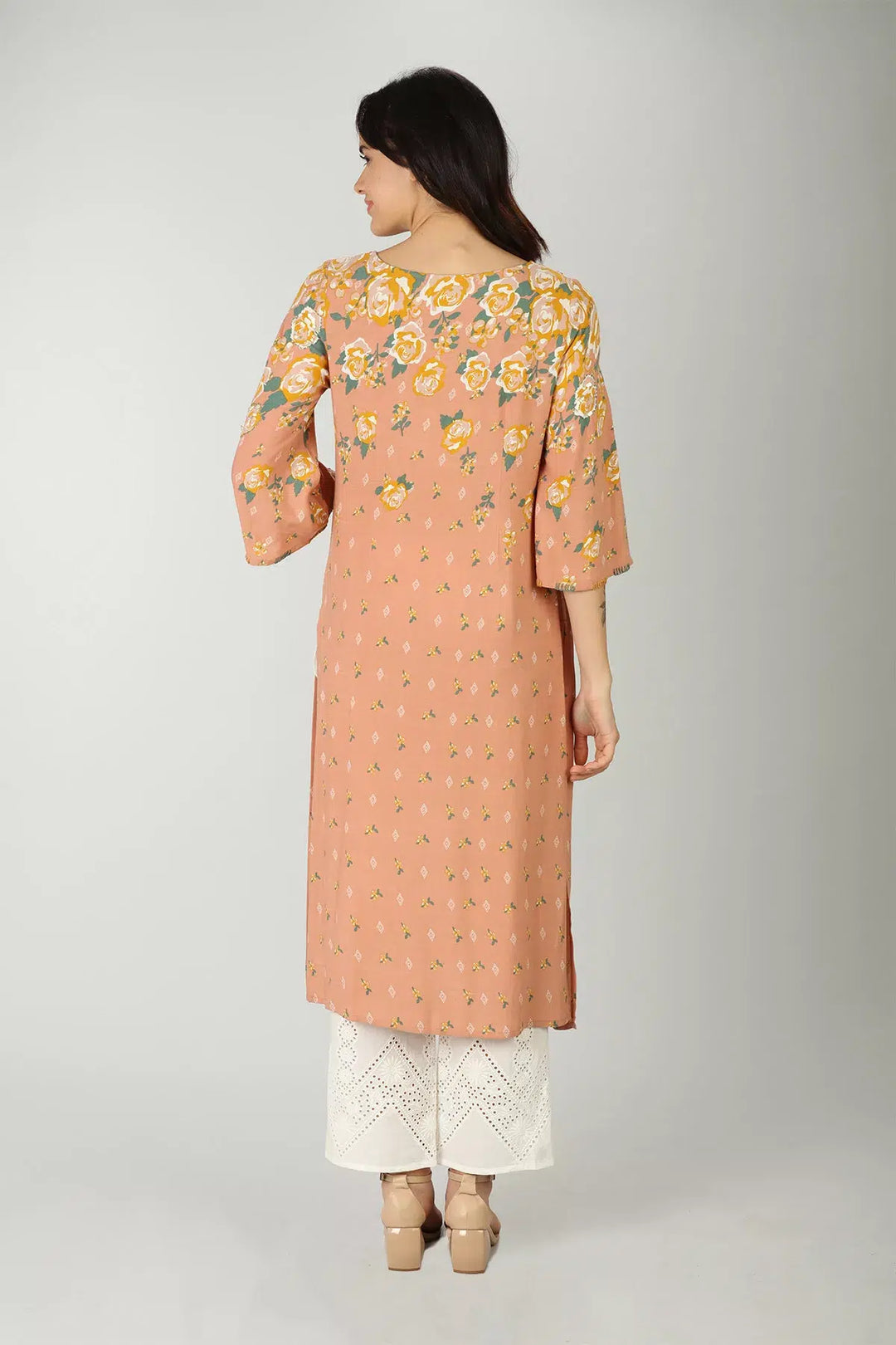 Peach rayon slub round neck kurti