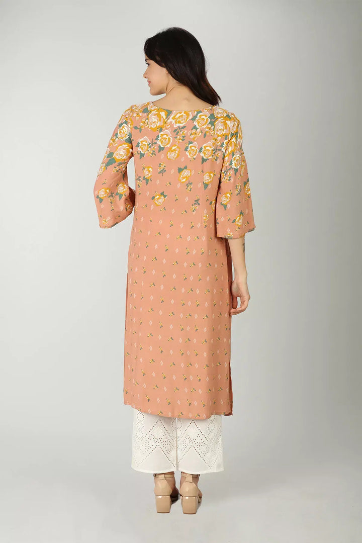 Peach rayon slub round neck kurti