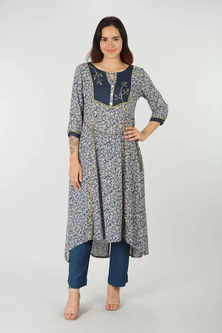 Rayon Blue Embroidered Kurti