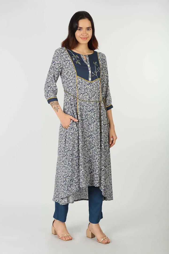 Rayon Blue Embroidered Kurti