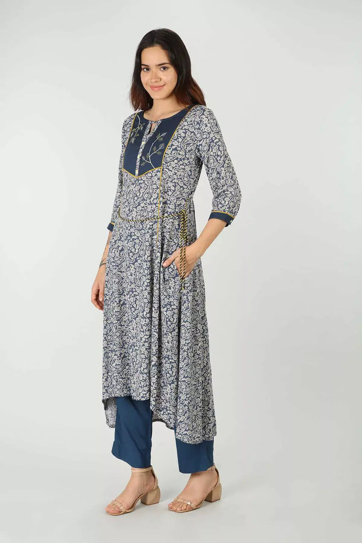 Rayon Blue Embroidered Kurti