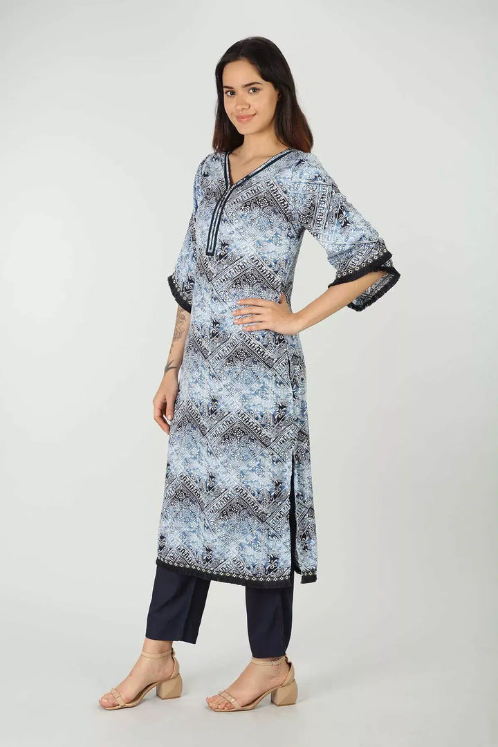 Blue Rayon Printed Kurti