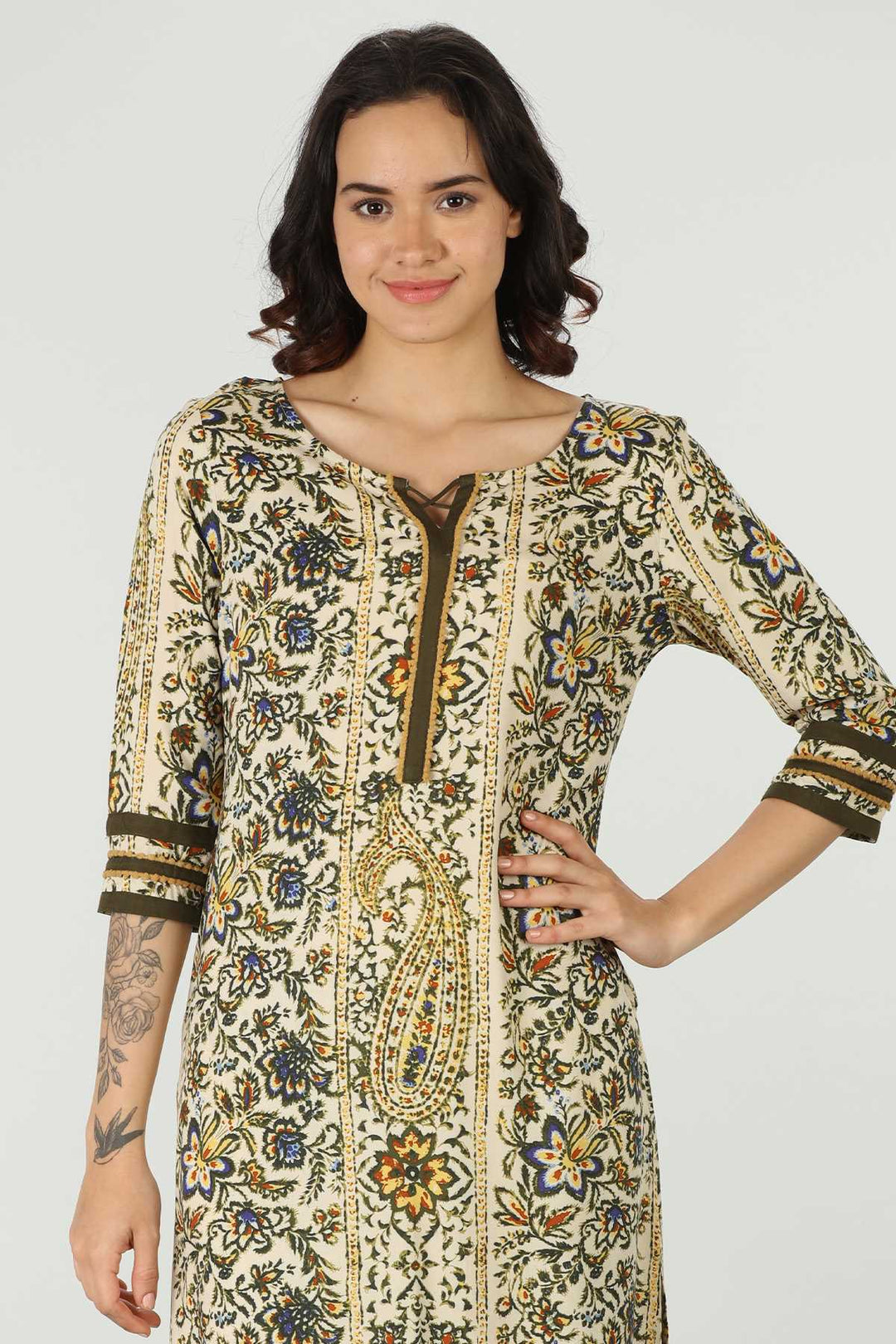 Olive Green Round Neck Kurti (Printed)