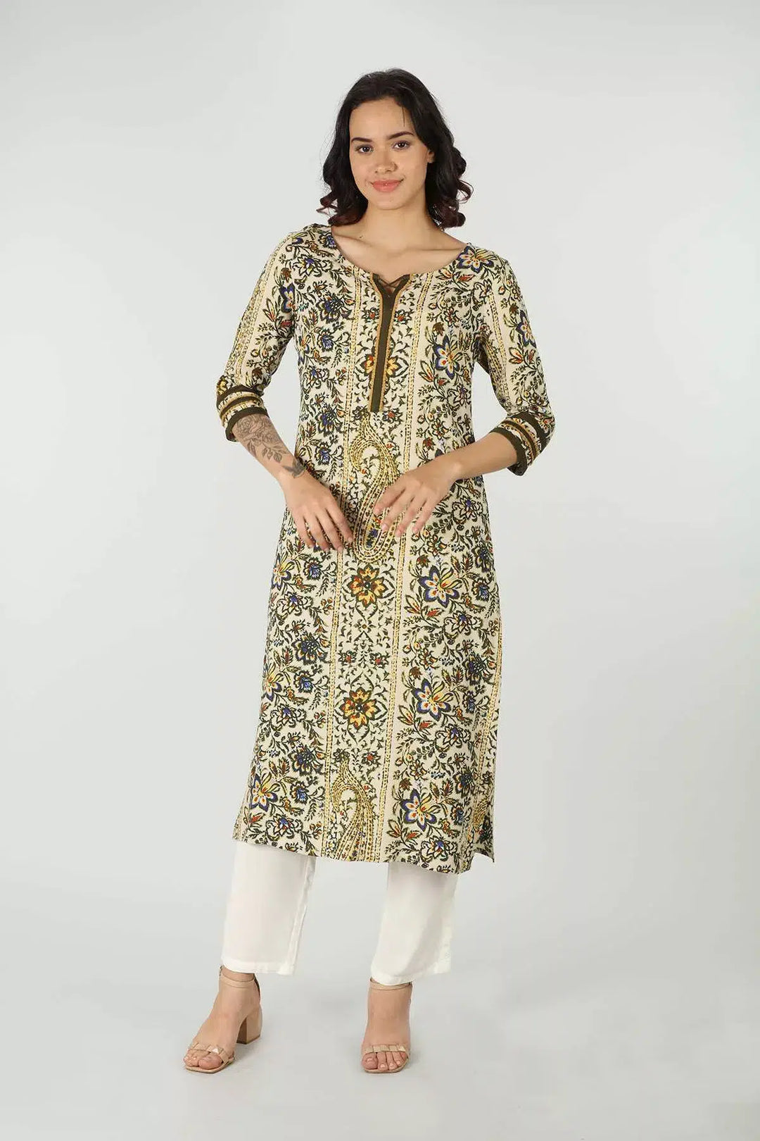 Olive Green Round Neck Kurti (Printed)