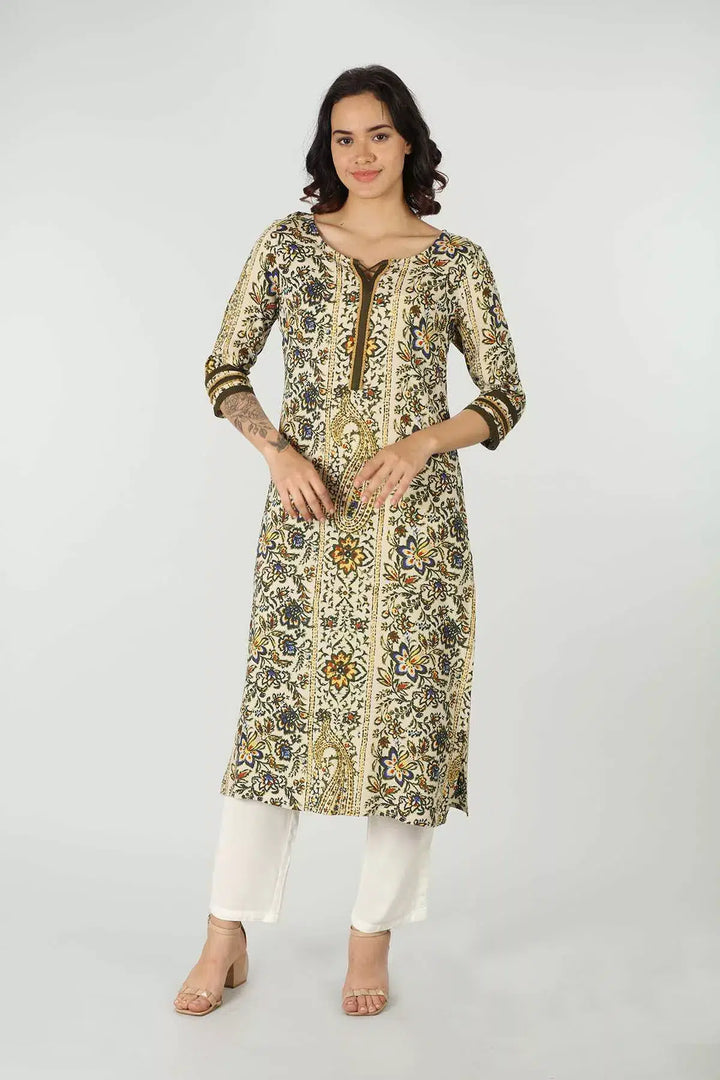 Olive Green Round Neck Kurti (Printed)