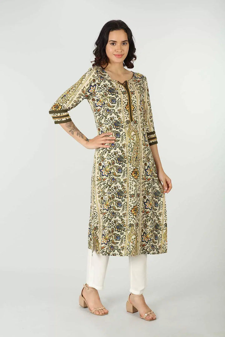 Olive Green Round Neck Kurti (Printed)