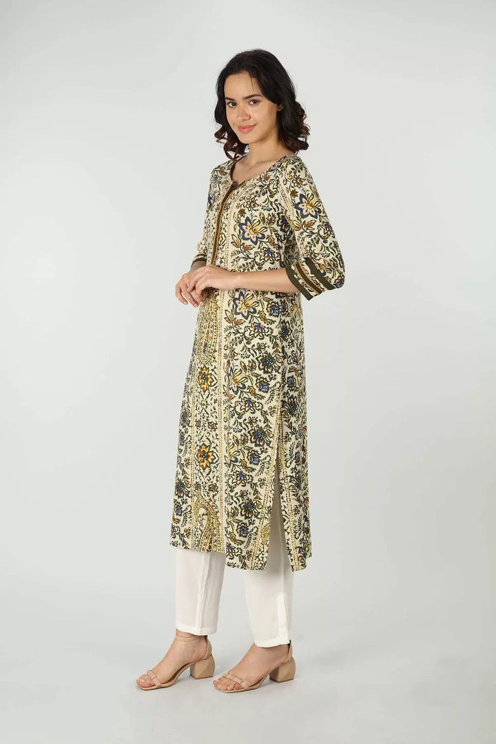 Olive Green Round Neck Kurti (Printed)