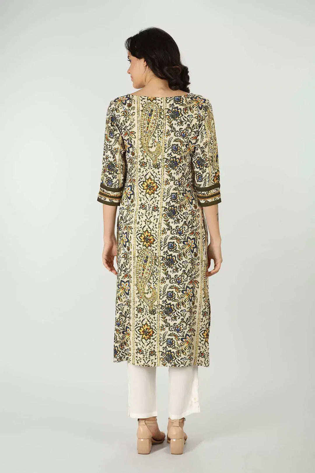 Olive Green Round Neck Kurti (Printed)