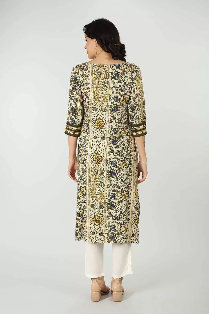 Olive Green Round Neck Kurti (Printed)