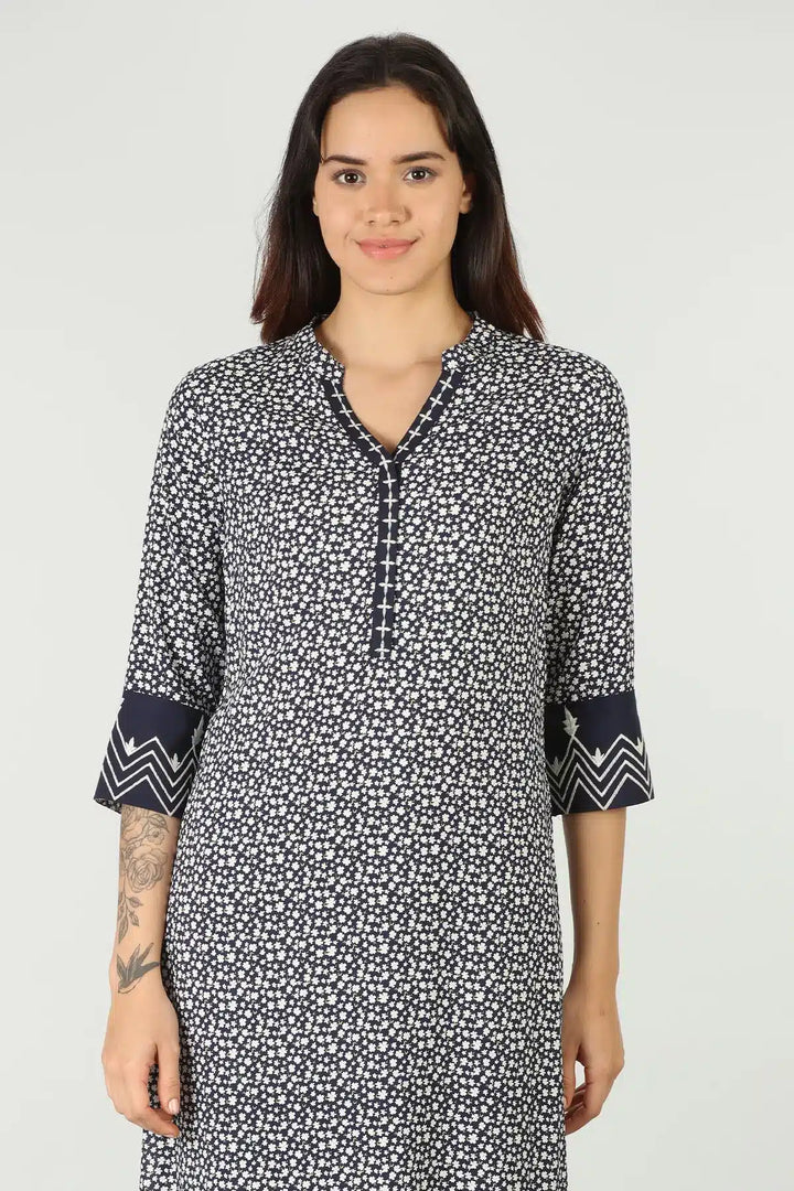 Blue kurti with mandarin neck  (printed)