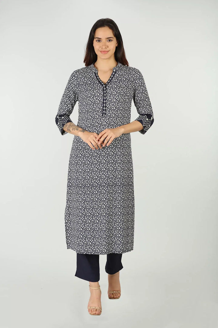 Blue kurti with mandarin neck  (printed)