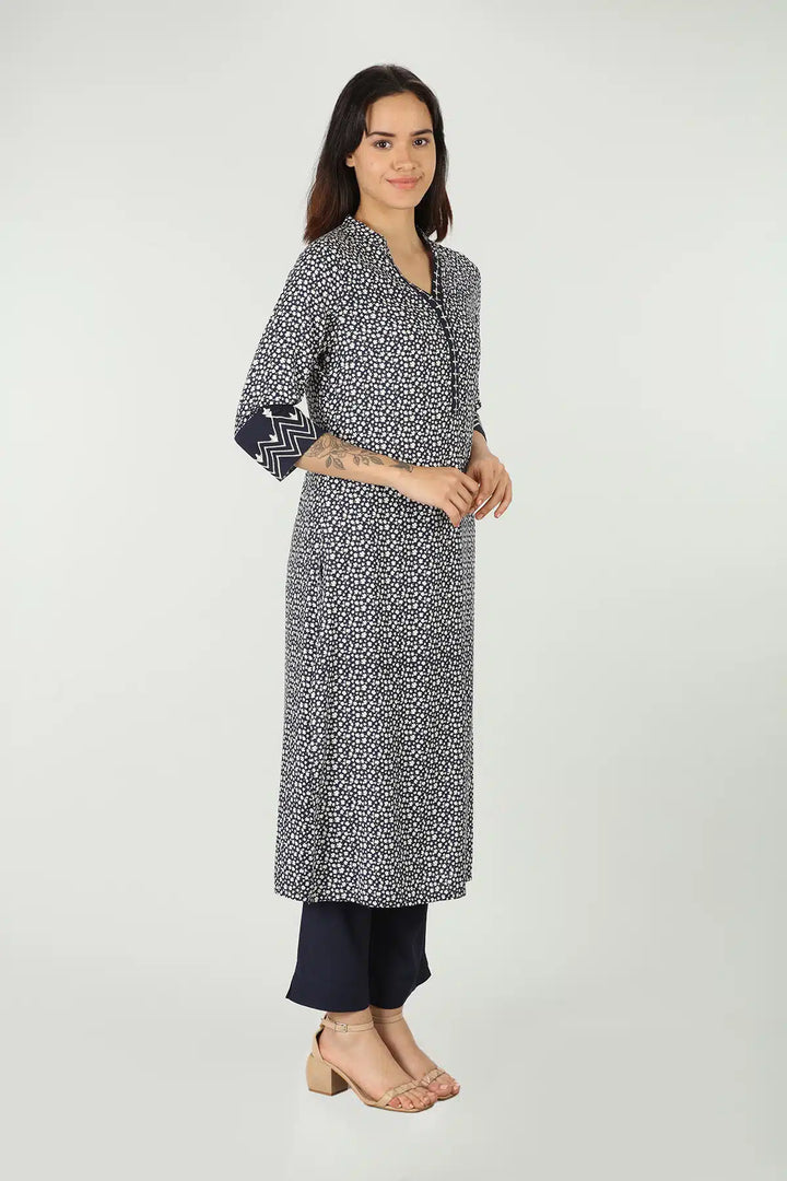 Blue kurti with mandarin neck  (printed)