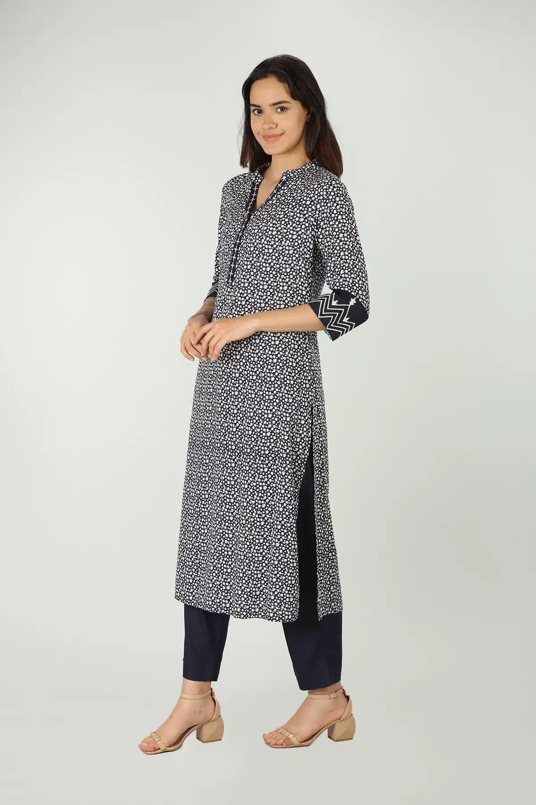 Blue kurti with mandarin neck  (printed)