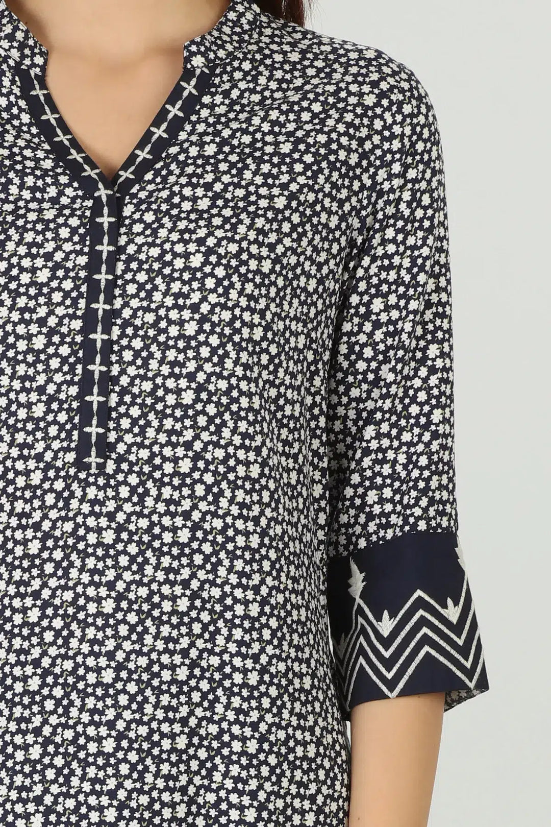 Blue kurti with mandarin neck  (printed)