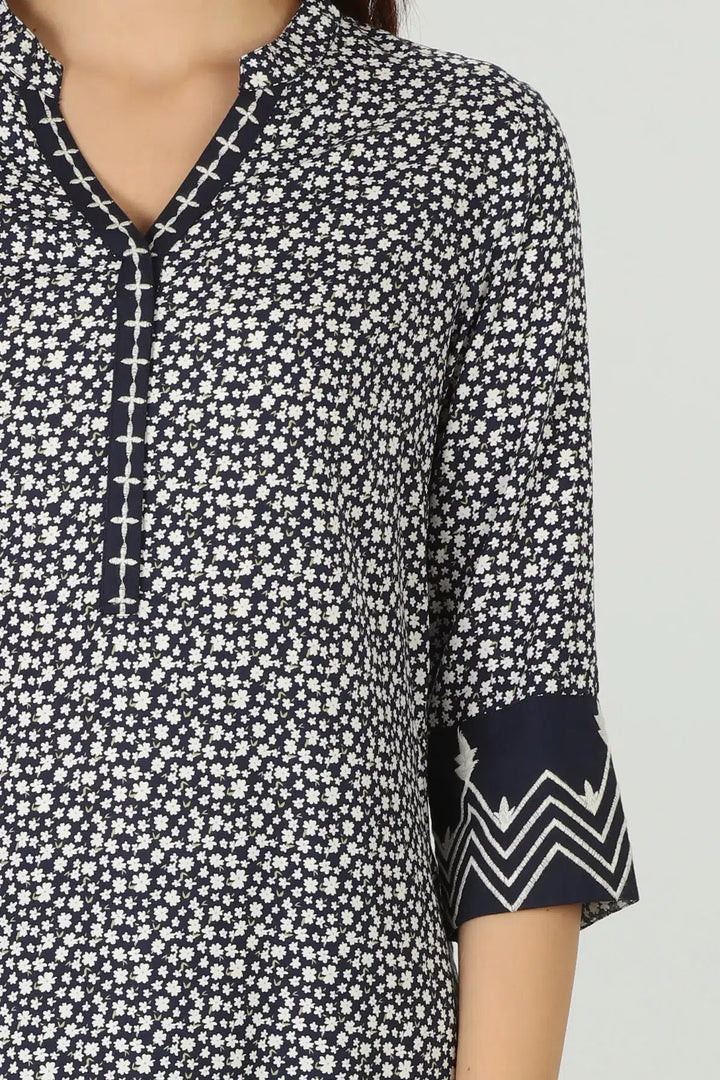 Blue kurti with mandarin neck  (printed)