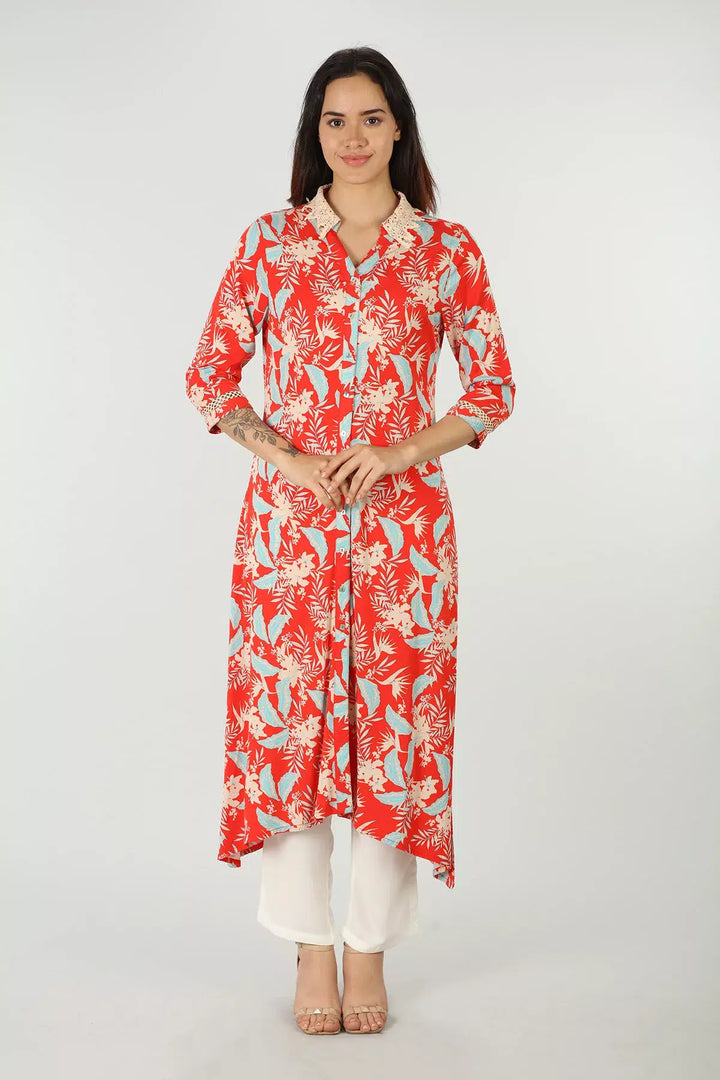 Red tropical floral print with collared neck
