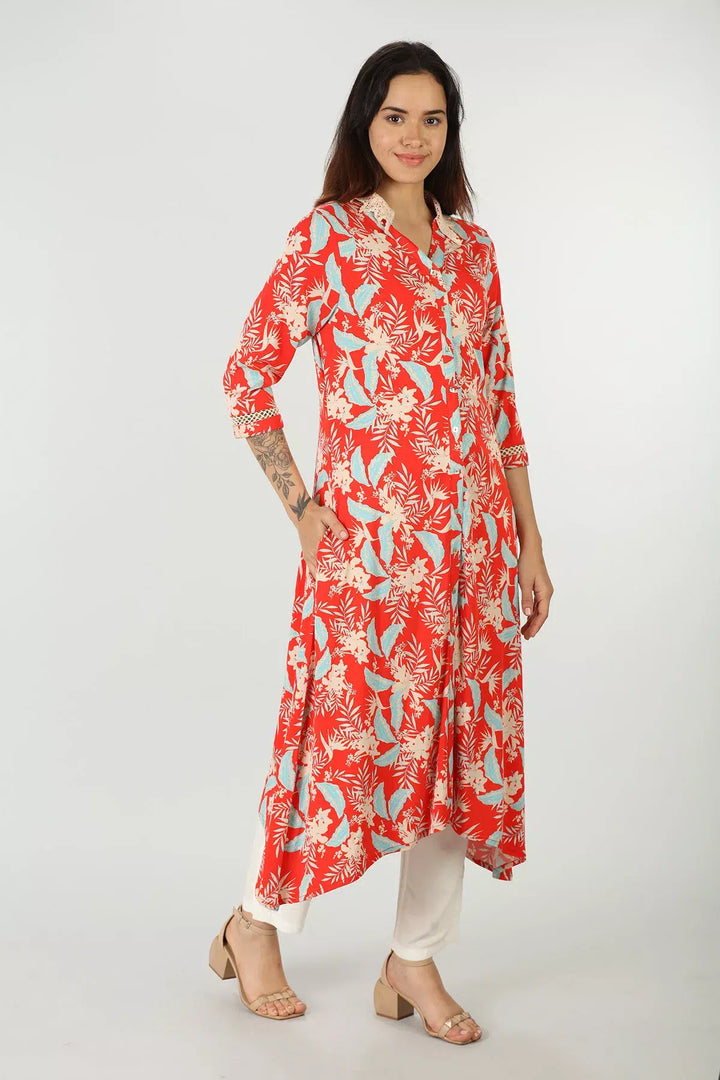 Red tropical floral print with collared neck