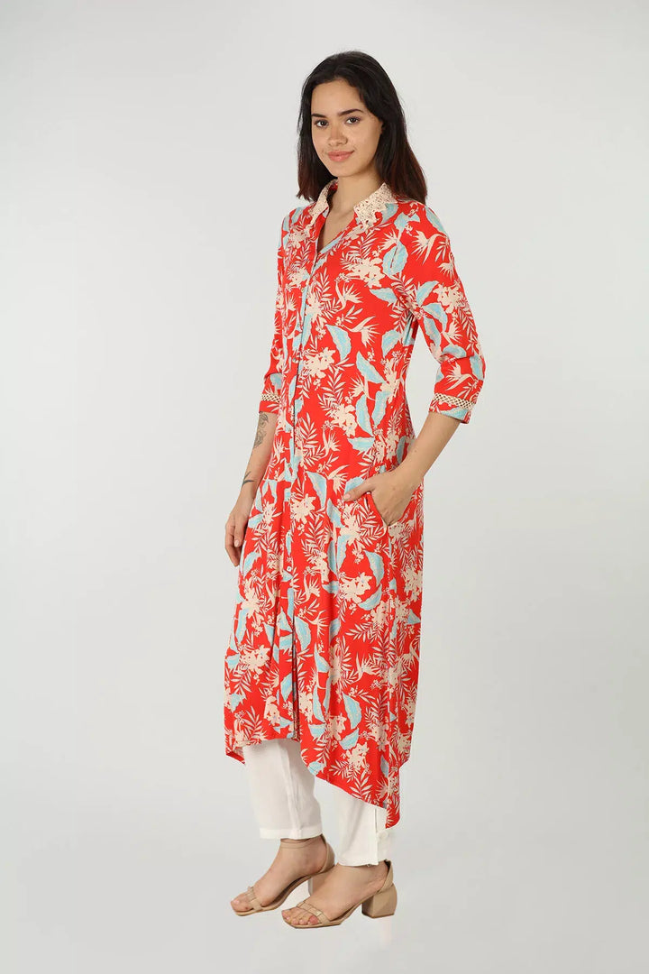 Red tropical floral print with collared neck