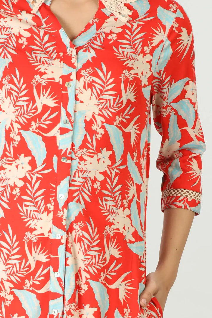 Red tropical floral print with collared neck