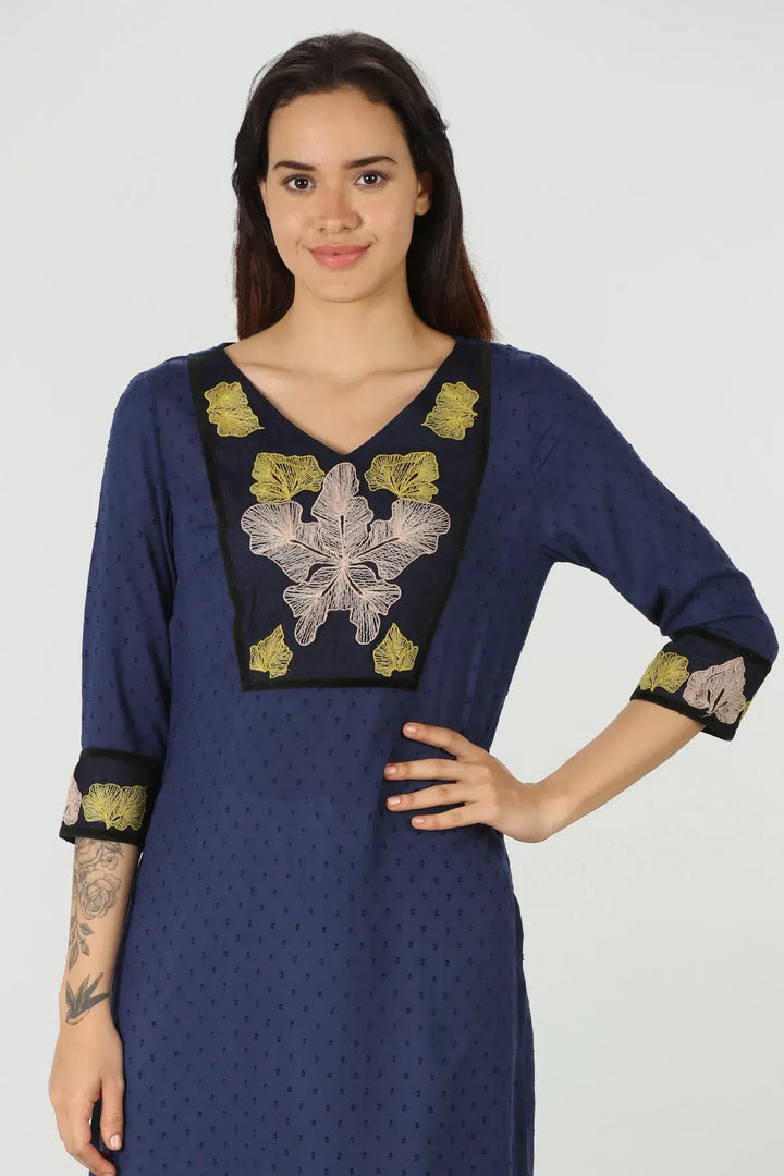 Blue V neck embroidered kurti