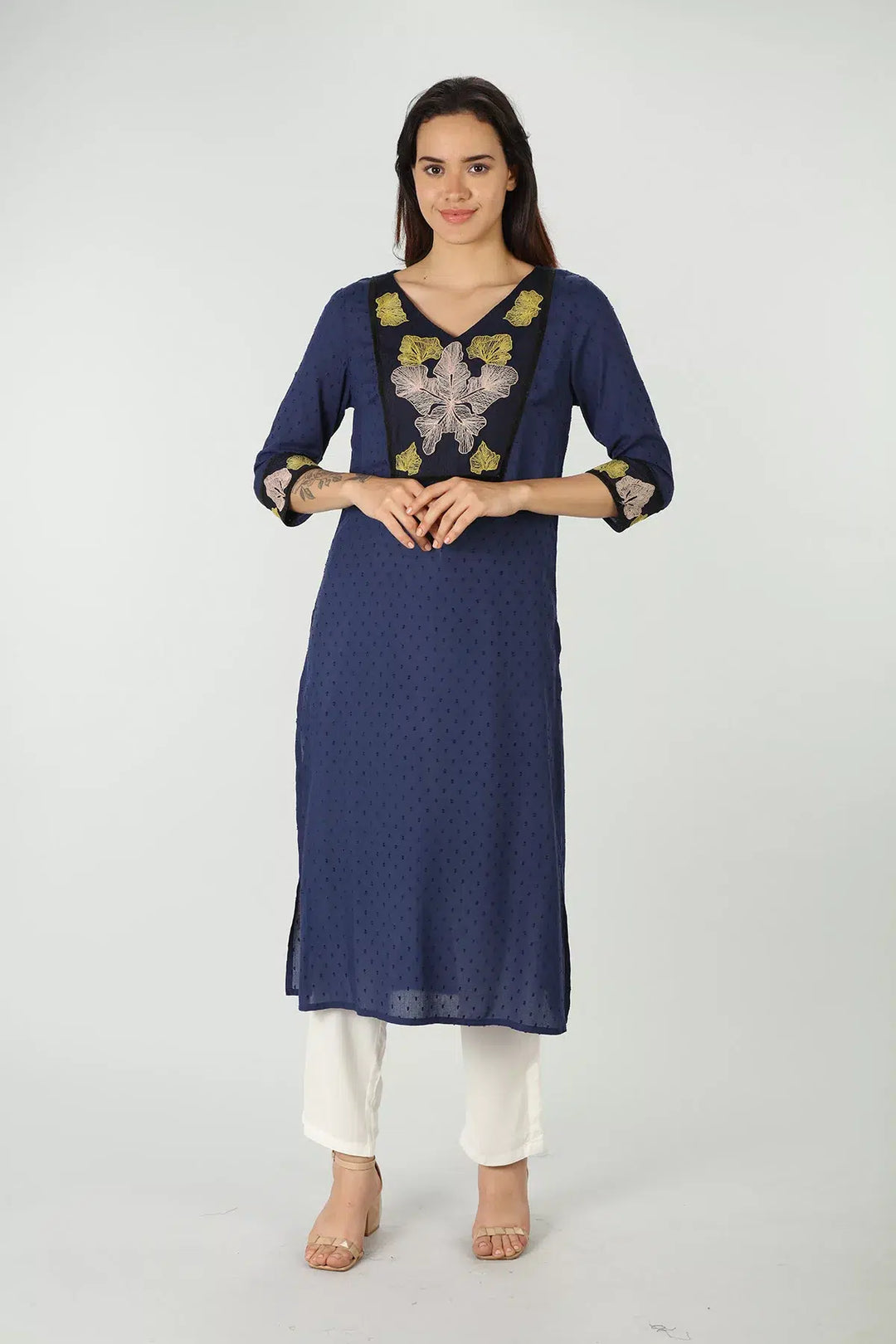 Blue V neck embroidered kurti
