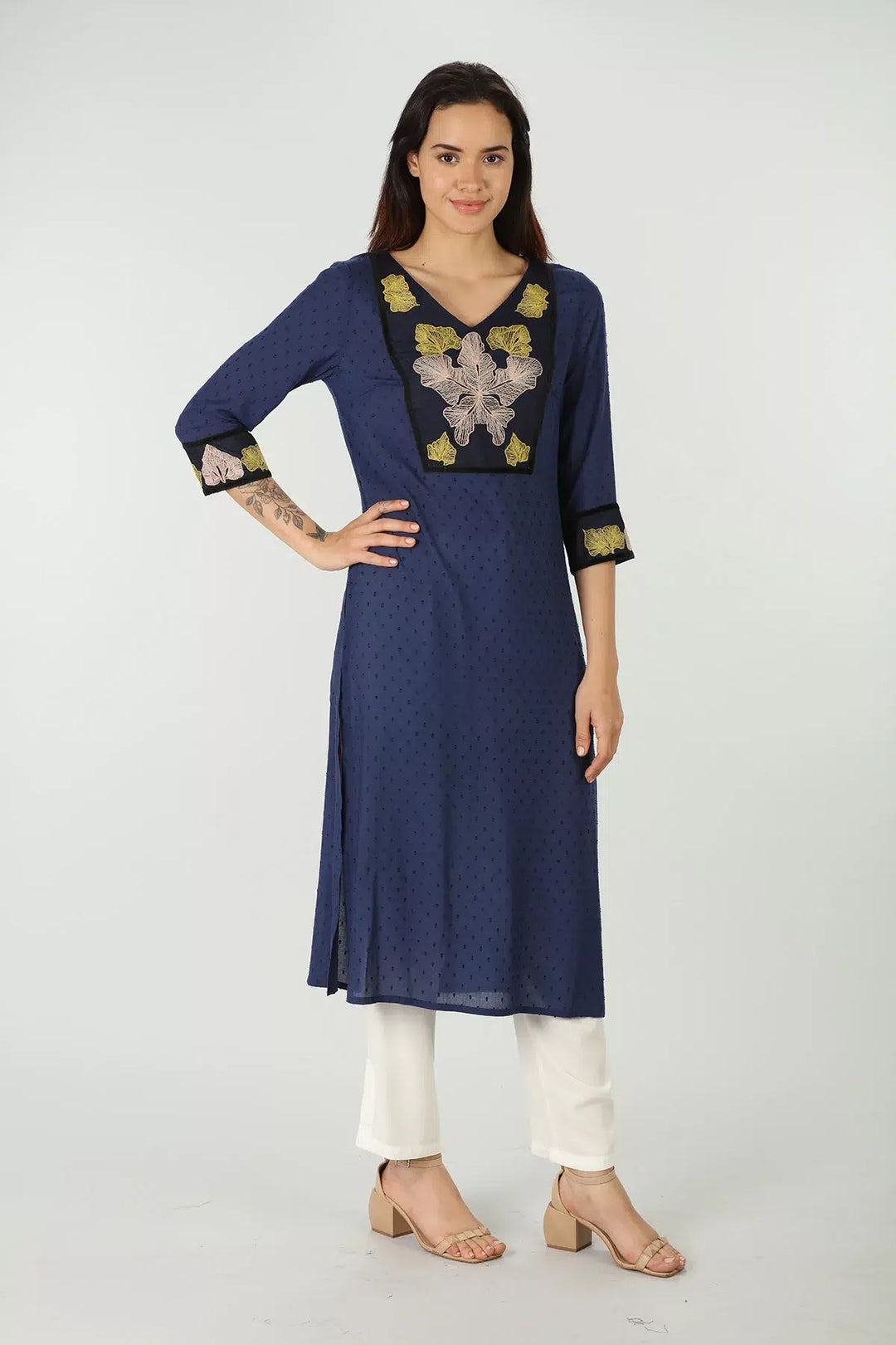 Blue V neck embroidered kurti