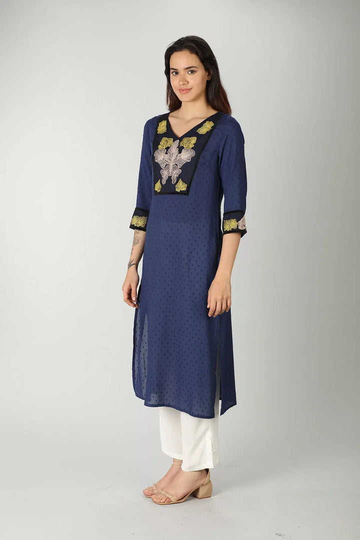 Blue V neck embroidered kurti
