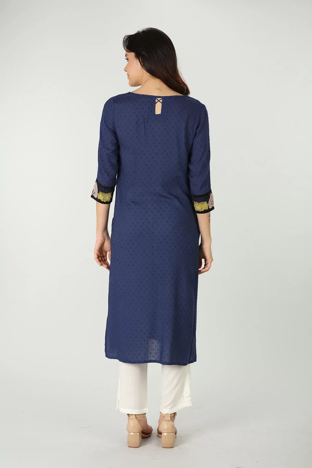 Blue V neck embroidered kurti