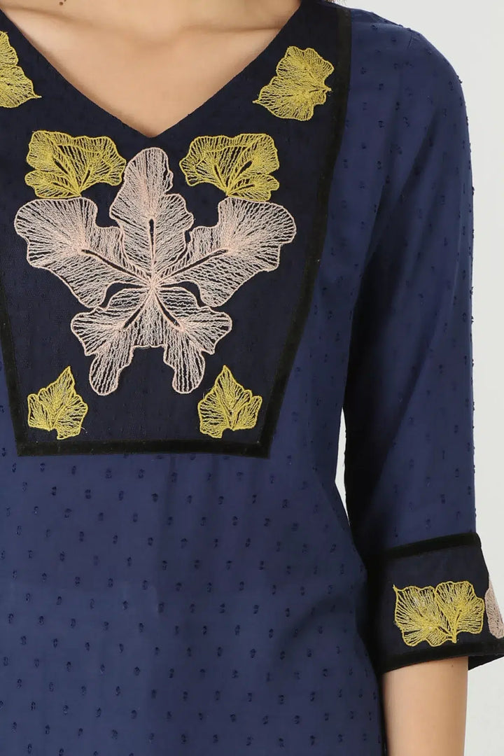 Blue V neck embroidered kurti