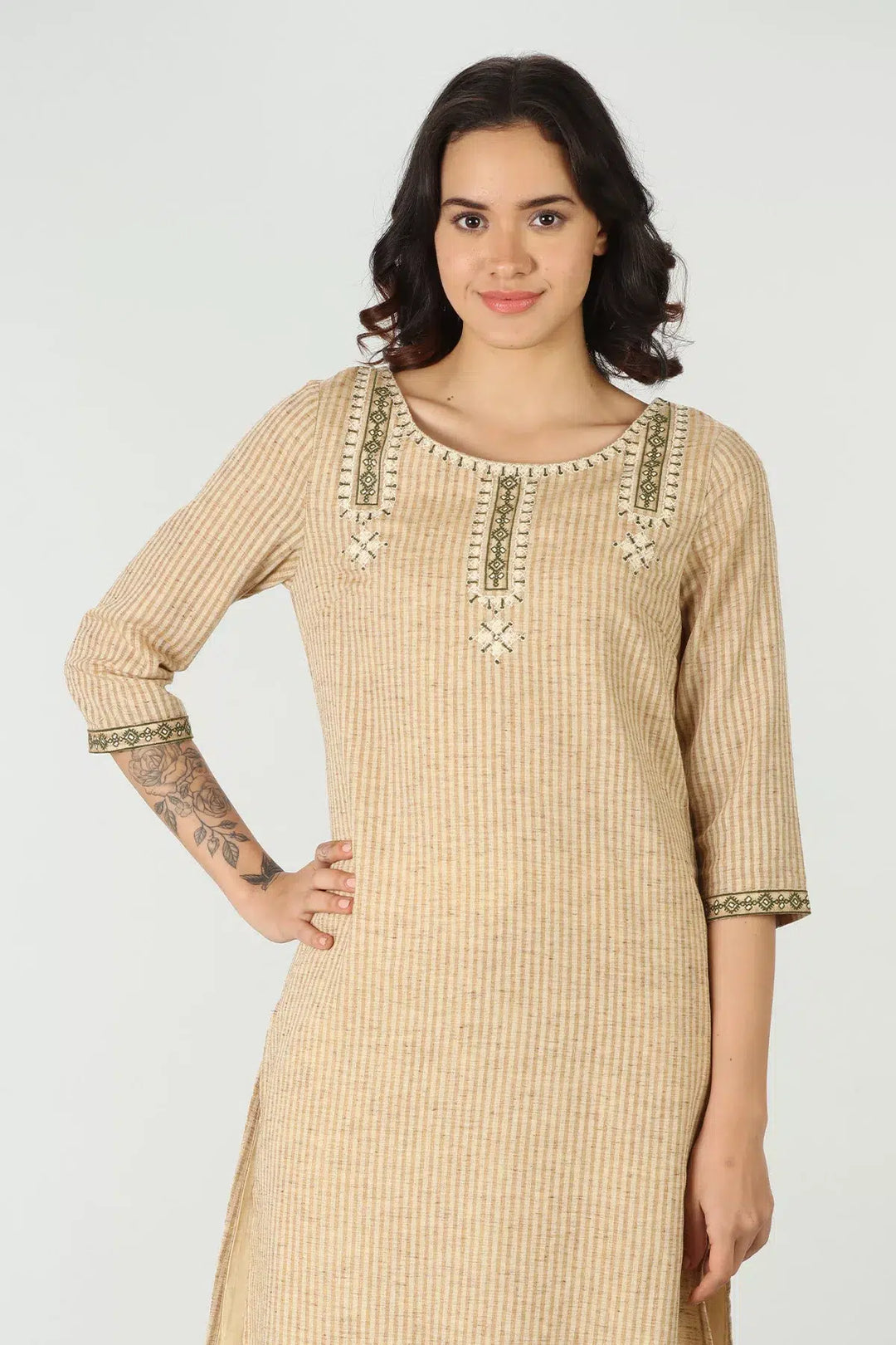 Beige cottonslub stripe kurti