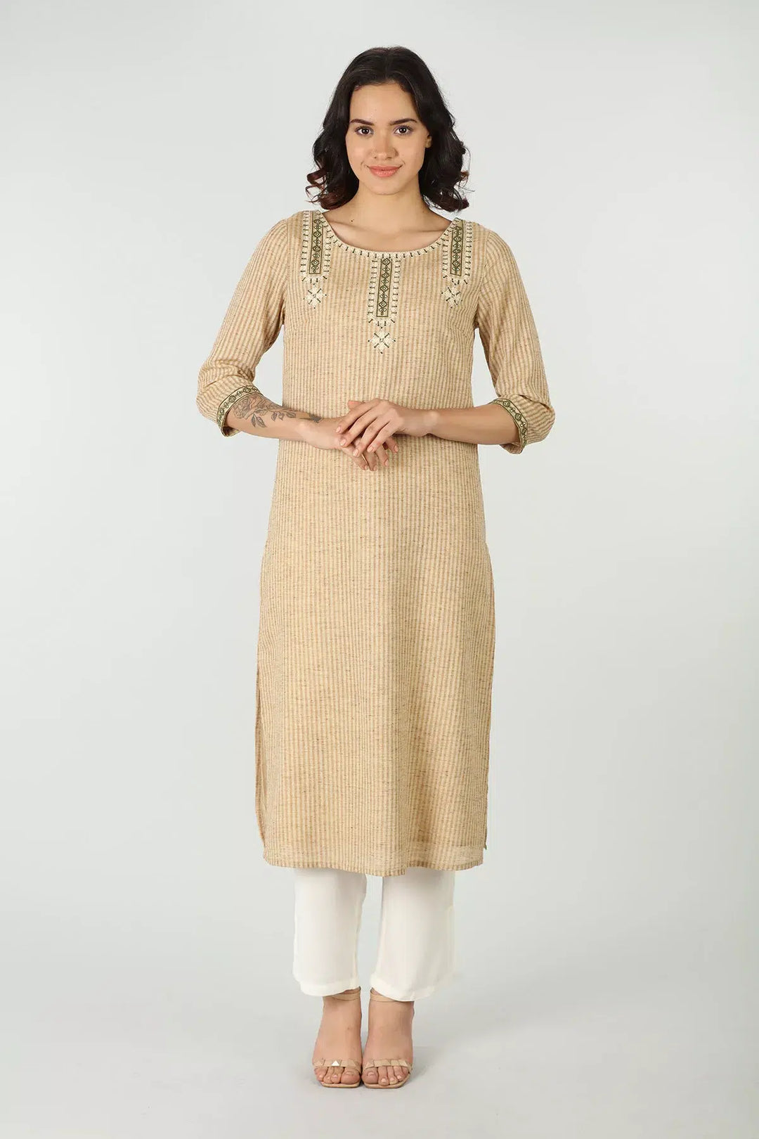Beige cottonslub stripe kurti
