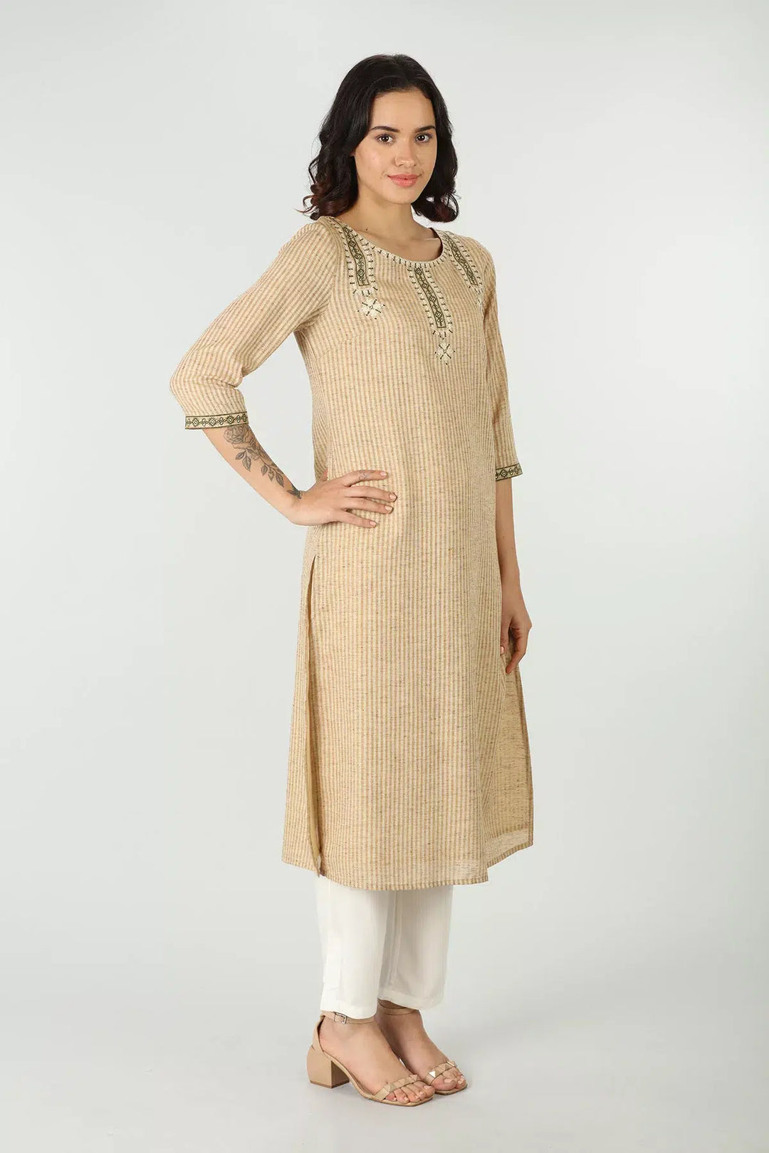 Beige cottonslub stripe kurti