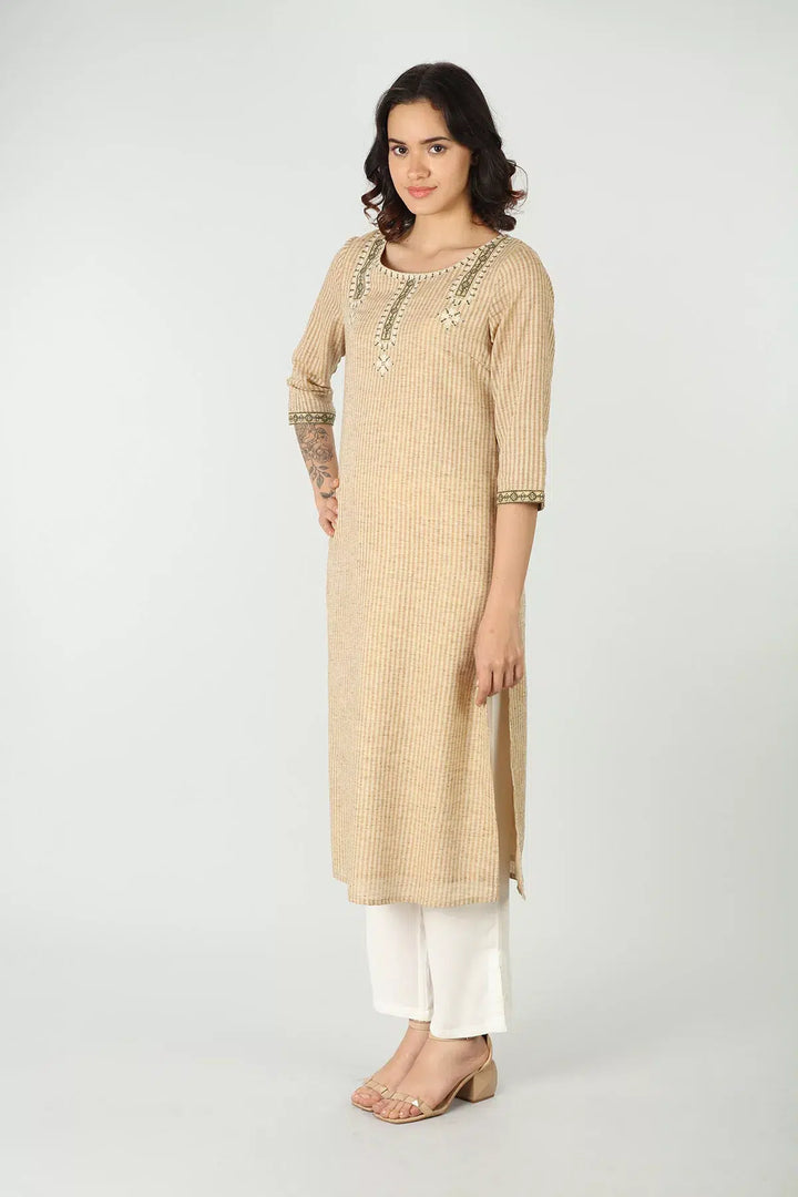 Beige cottonslub stripe kurti