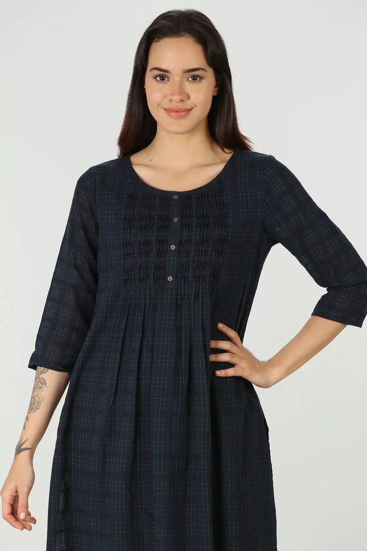 Navy check round neck kurti